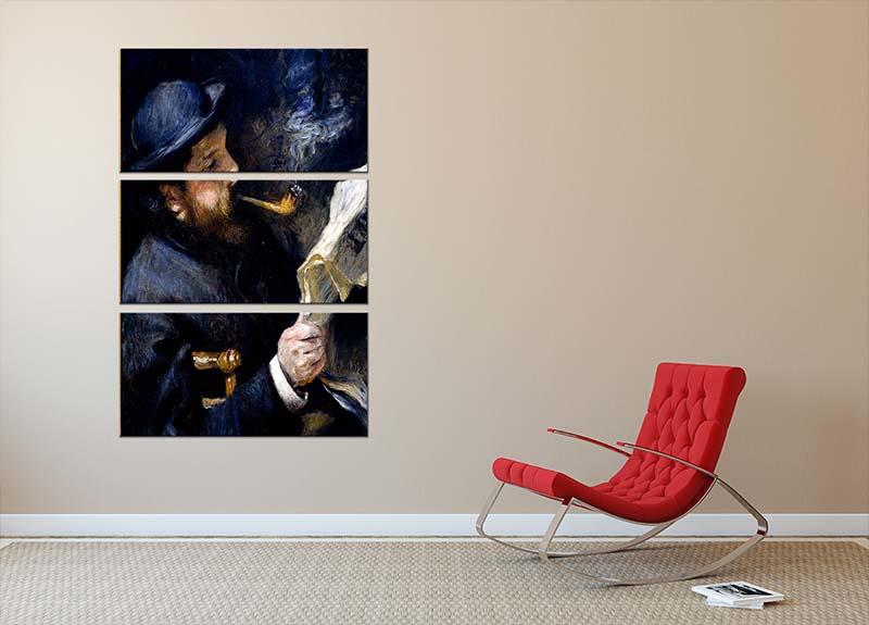 Three-panel canvas print featuring Claude Monet Reading A Newspaper by Renoir, showcasing vibrant colors and intricate details.